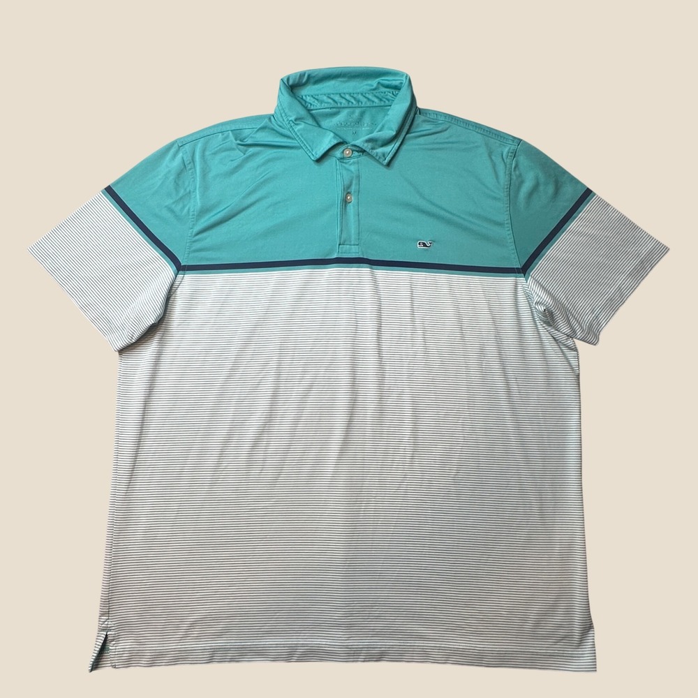Vineyard Vines Polo Shirt Mens XL Striped Teal Performance Short Sleeve Button
